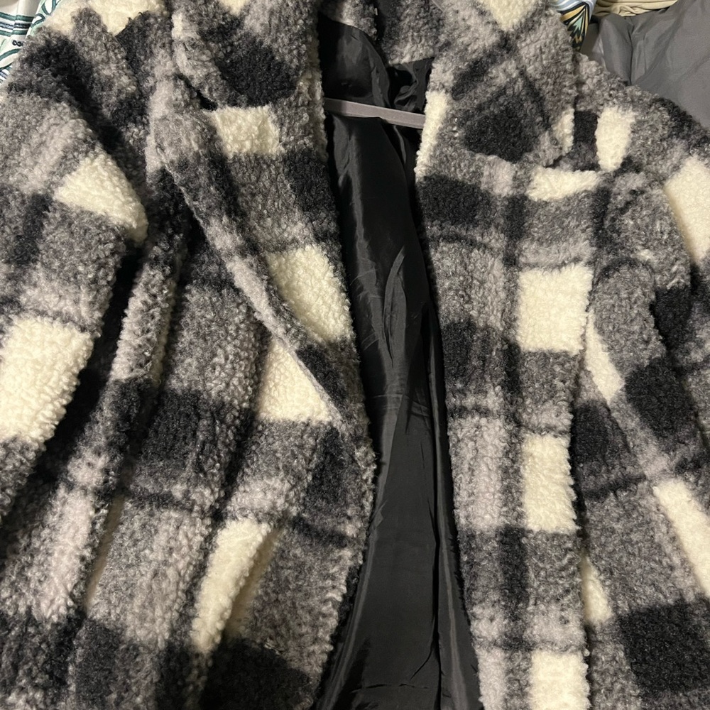 black and white plaid sherpa jacket